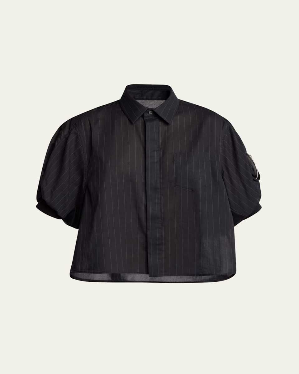 Hybrid Pinstripe Puff-Sleeve Blouse